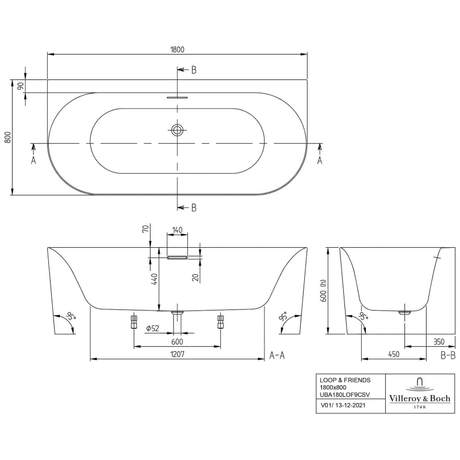 Villeroy & Boch Loop & Friends Oval Duo Vorwand-Badewanne, 180 x 80 cm