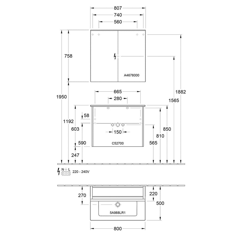 Villeroy & Boch Finero Waschtischunterschrank 80 cm mit Waschtisch und Spiegelschrank, 2 Auszüge