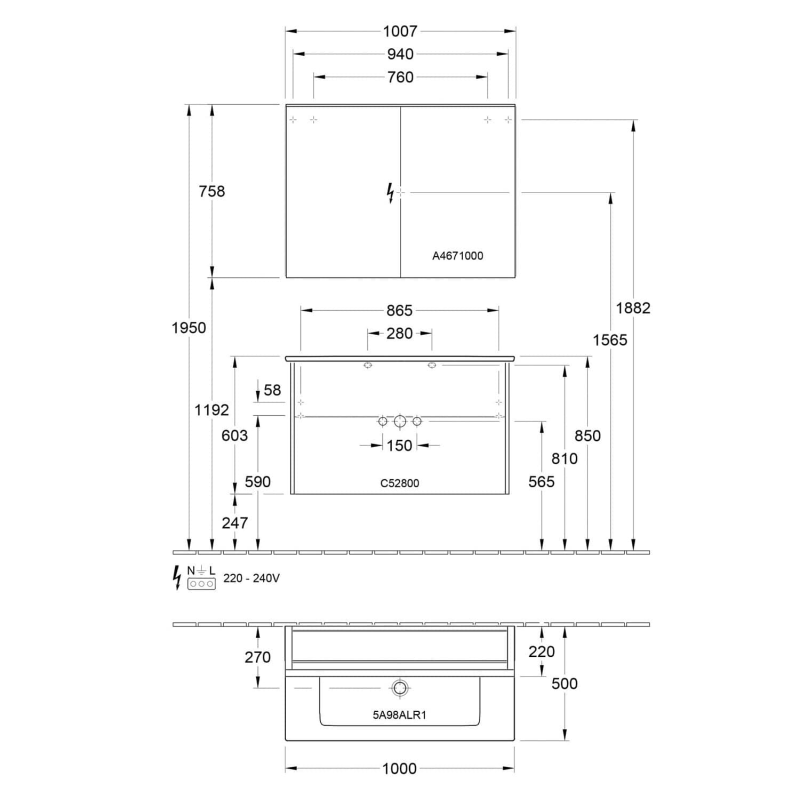 Villeroy & Boch Finero Waschtischunterschrank 100 cm mit Waschtisch und Spiegelschrank, 2 Auszüge