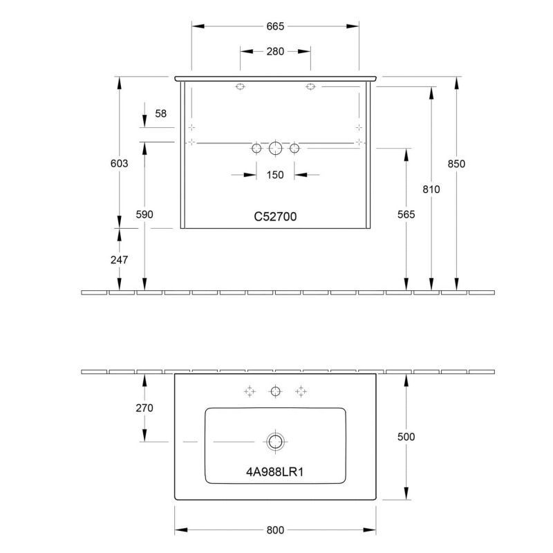 Villeroy & Boch Finero Waschtischunterschrank 80 cm mit Waschtisch, 2 Auszüge