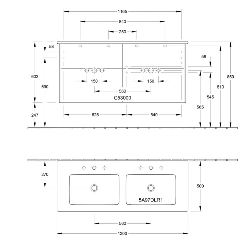 Villeroy & Boch Finero Waschtischunterschrank 130 cm mit Doppelwaschtisch, 4 Auszüge