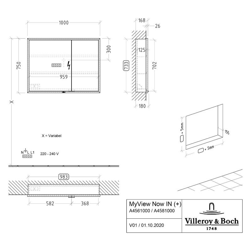 Villeroy & Boch My View Now Einbau-Spiegelschrank 100 cm, 2 Türen, Sensorschalter