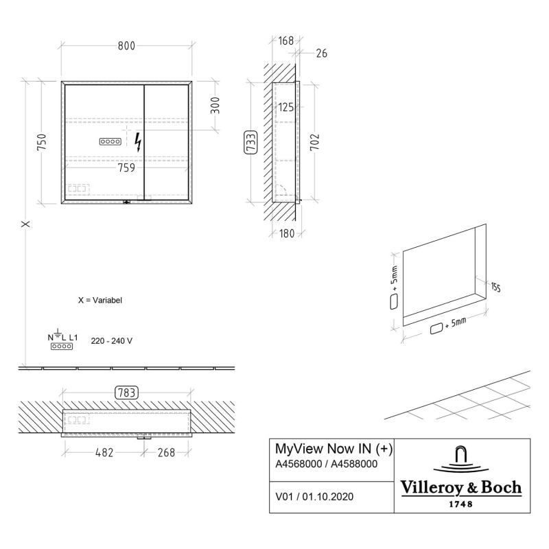 Villeroy & Boch My View Now Einbau-Spiegelschrank 80 cm, 2 Türen, Sensorschalter