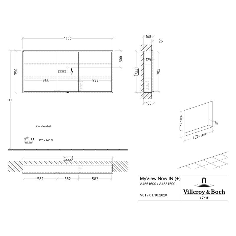 Villeroy & Boch My View Now Einbau-Spiegelschrank 160 cm, 3 Türen, Smart Home