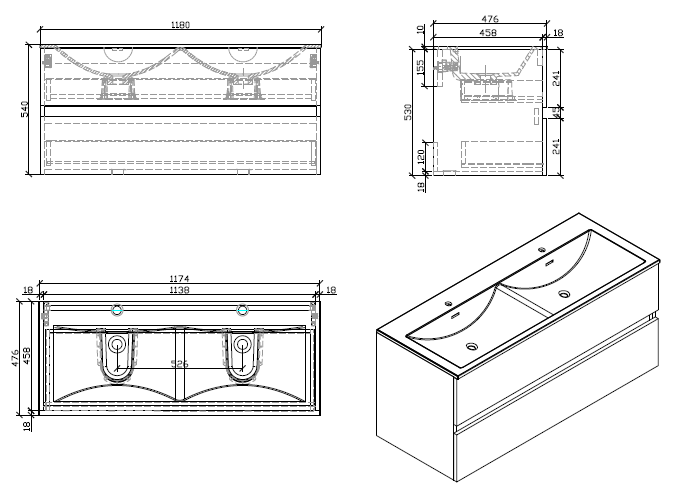 Doppelwaschtisch + Unterschrank 120 cm, montiert, weiß lackiert, SIENA - Welt der Bäder