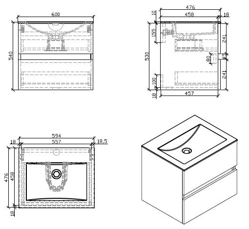 Waschtisch + Unterschrank 60cm, montiert, Nussbaum, SIENA - Welt der Bäder