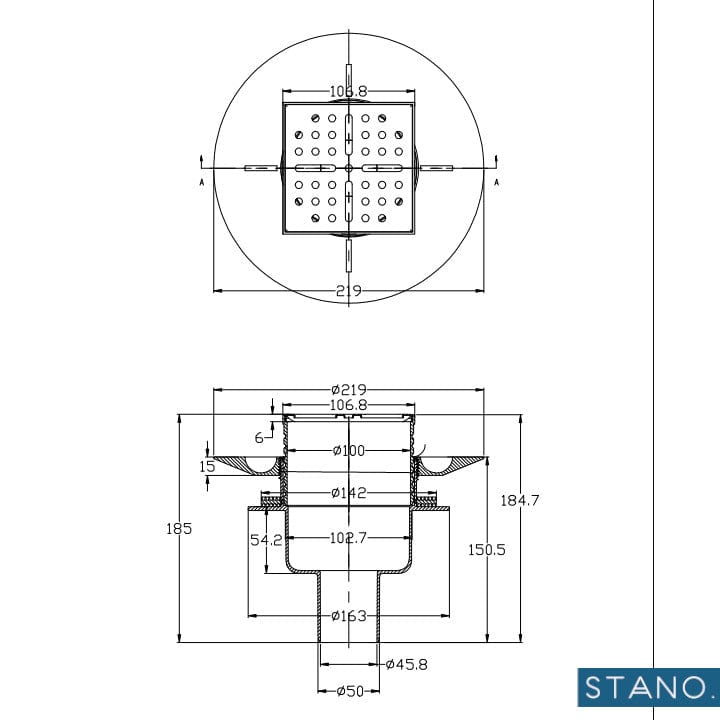 Quadratischer Abläuf für befliesbare Duschwannensysteme DINO Ø90 vertikal - Welt der Bäder