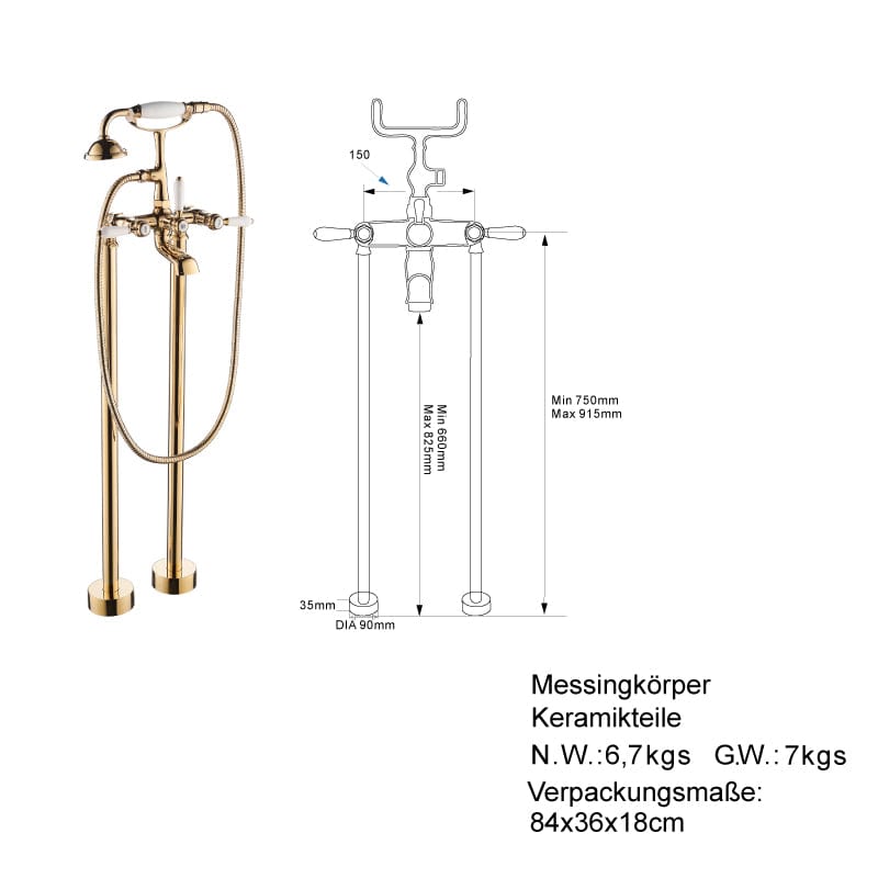 Freistehende-Retro-Armatur, Badewanne, Zweihebelmischer, PADDINGTON CHROM