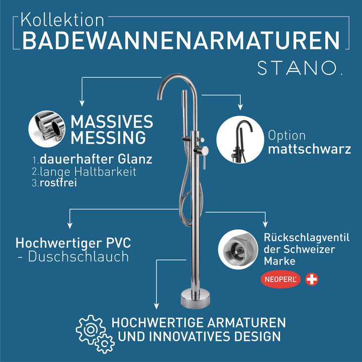 RUMOSE Badewannenarmatur Freistehend – Wasserfall-Auslauf, Gebürstetes Nickel, Mit Handbrause