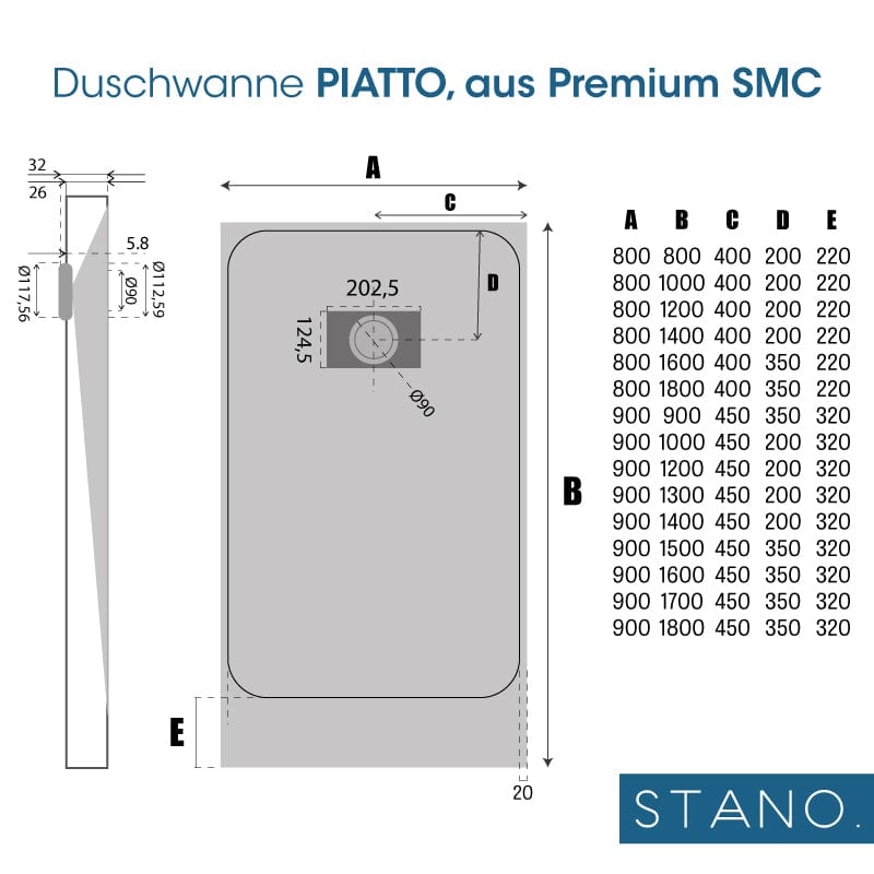 Letzte Größen - Extra flache Duschwanne, PIATTO aus Premium SMC, basaltgrau